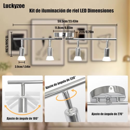 Luckyzoe Iluminación de Riel Led de 4 Luces, iluminación puntual de techo, cabezal de luz giratorio flexible, lampara de riel, 4 luz (GU10), Sin foco, Cromo