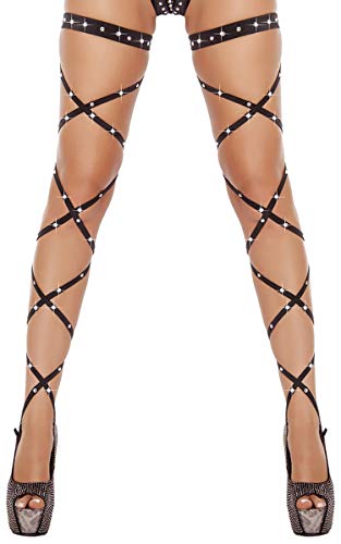 Banamic Women Sexy Elastic Hollow Bandage Rhinestone Leg Wraps Stocking Black