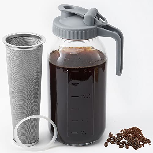VA1KENE Cold Brew Coffee Maker - 2 Quart 64oz Stainless Steel Filter Cold Brew Pitcher Jar, No Leaks, Easy to Clean