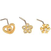 Niaspi 3Pcs 20G Surgical Steel Nose Rings Studs for Women Gold L-Shaped CZ Heart Flower Snowflake Nose Studs Ring Dainty Nostril Piercing Jewelry