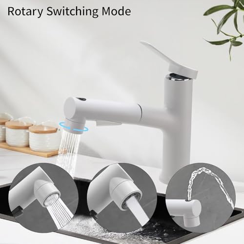 VirtuGro 3-Mode Pull-Out Shower Faucet Bathroom Sink Mixer Tap Single Lever Hot and Cold Mixer Tap Aerator Shower for White Sink
