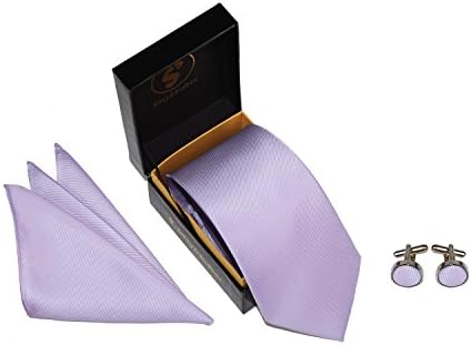 Men's Solid Color Tie Handkerchief Cufflinks Set 3pc Premium Necktie in Gift Box | Lavender