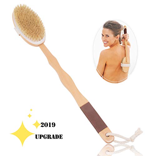 Bath Brush for Dry Skin Body Exfoliator Brushing - with Wood Long Handle and Anti-Slip Rubber for Shower - Thumbnail 7