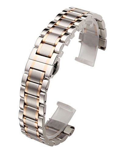 Top Plaza Silver & Rose Gold 22mm Solid Stainless Steel Straight End Link Bracelet Wrist Watch Band Strap Replacement Double Push Spring Butterfly Deployment Clasp 3 Rows Metal Strap