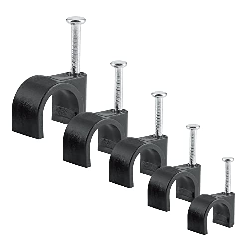 500Pcs Round Cable Clips, 5 size 4,6,7,8,10MM Electrical Cable Wall Clip - Nail Clips Cable Management, Steel Nails Tacks Holder for Organizing Electric Wires Cables Line TV (Black)