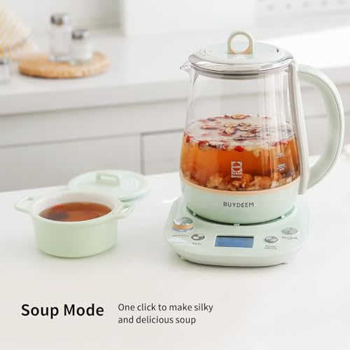BUYDEEM K2763 Health-Care Beverage Tea Maker and Kettle with Glass Stew Pot & Tea Infuser, 8 Programmable Brew Cooker Master, Time and Reheat Preset, Auto Keep Warm, Cozy Greenish, 1.5 L