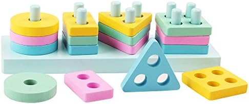 Wooden Educational Shape Color Recognition Preschool Geometric Board Block Stacking Sorting Puzzle Toys for Baby Toddler 1 2 3 Years Old,Mumu Sugar
