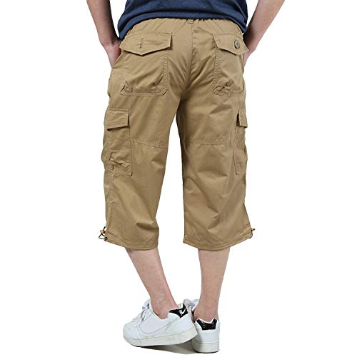 EKLENTSON Men's Below Knee Shorts Loose Fit Military Baggy Shorts 3/4 Cargo Shorts Dungarees Khaki - Thumbnail 2