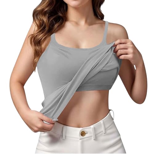 Gray Padded Camisole Tops for Women Built in Bra Spaghetti Strap Cami Going Out Layering Basic Shirt Lounge Wear Tank Top with Shelf Bra