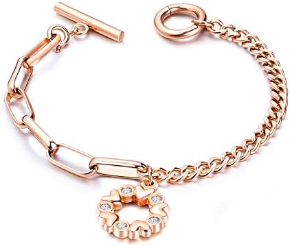 Fashion Ahead Charm Bracelet for Women Girls Stainless Steel Chain Link Toggle Clasp, 7.3 inches,Silver Rose Gold