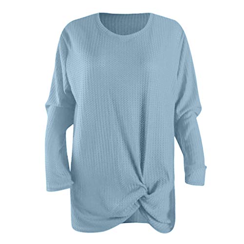 Long Sleeve Shirts for Women,Knot Waffle Knit Tunic Blouse Cute Shirts Tops (M, Blue)