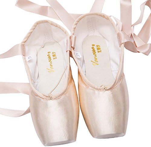 Girls Dance Shoe Professional Level Pink Satin Ballet Pointe Shoes with Ribbon and Toe Pads (13C(Inner Length= 7.29inch))