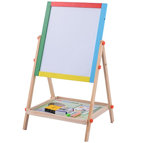 Costzon 2 In 1 Kids Easel Adjustable Wooden Chalk Drawing Board Standing Black/White