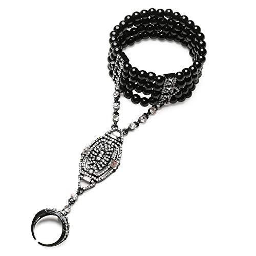 Coucoland 1920s Flapper Bracelet Ring Set Roaring 20s The Great Gatsby Austrian Crystals Imitation Pearl Bracelet Accessory (Black)