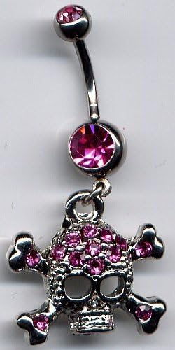 Body Fashion Belly Ring Diamond Ghost Shape Long Dangle Navel Ring with Cz Stones 14g Belly Piercing with Surgical Steel Bar (Pink)