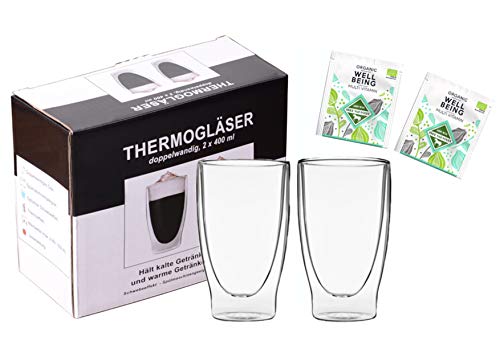 Teeset: 2x 400ml lang + 2x BIO-Tee "Well Being" - doppelwandige Gläser / Thermogläser mit Schwebe-Effekt / 2x BIO Teebeutel Kräutertee, Moringa, Ingwer … / DUOS-SET by Feelino
