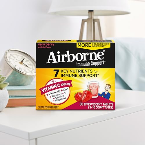 AIRBORNE 1000MG VITAMIN C WITH VITAMIN D & ZINC, SUGAR FREE MULTIVITAMIN IMMUNE SUPPORT SUPPLEMENT, ANTIOXIDANTS VITAMINS A C & VITAMIN E, 30 EFFERVESCENT TABLETS, VERY BERRY FLAVOR