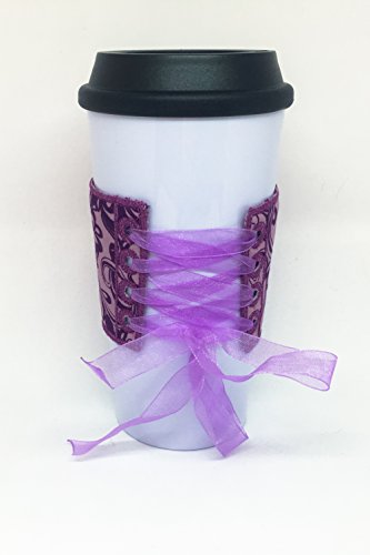 Embroidered Coffee Corset - Purple, Gray, and Black Reversible Fabric Coffee Cozy Cup Wrap Sleeve
