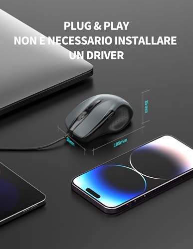 TECKNET PRO Wired Mouse, 6400 DPI Wired Optical Mice, 6 Buttons, 1.5M USB Cable, Plug and Play, Ergonomic Wired Mouse for PC, Computer, Laptop - Grey