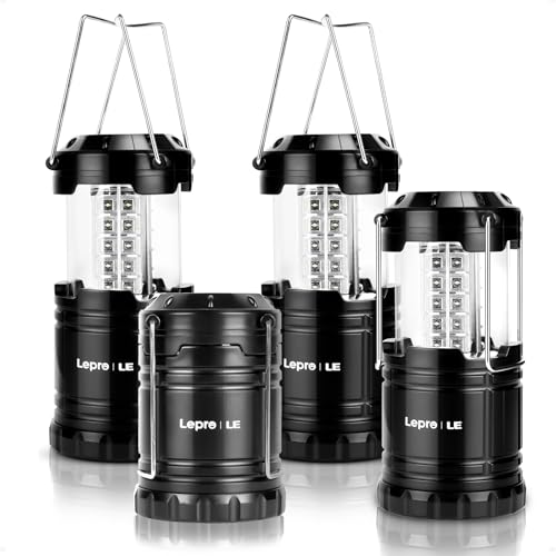 Lepro 4 Pack Lámparas de Camping Retráctiles, IPX4 Impermeable, Regulable (Tirar para Encender/Ajustar), Luz Portátil para Senderismo, Camping, Emergencia, Funciona con 3 Pilas AA (No Incluidas)