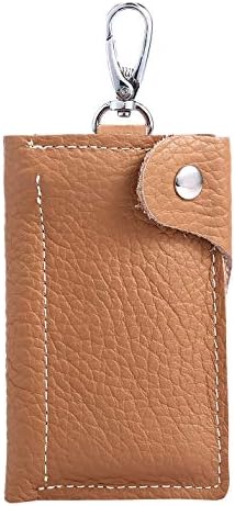 Genuine Leather Key Case Car Key Holder 6 Hook Key Wallet with Zipper Credit Card Holder Key Chain for Men Women (Khaki)