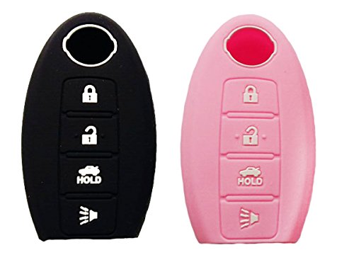 WELLSKEY 2pcs Car Key Case Cover Holder Replacement 4 Buttons For Nissan Almera / Altima / GT-R / Maxima / Murano / Sentra / Teana / Tiida / Juke / Qashqai / X-trail KC009053 (Black, Light Pink)