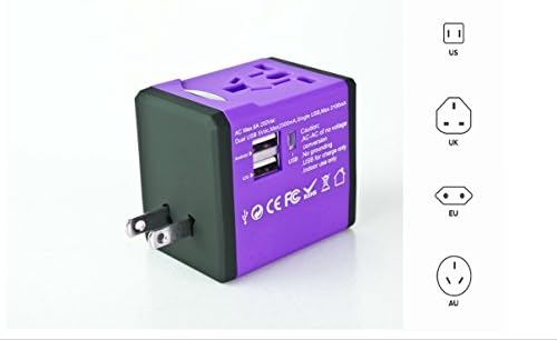 Travel Adapter with 2 USB Charger All in One Universal Plug Adapter Charger Over 150 Courties International Travel Power Plug Wall AC Adapter Universal AC Socket Outlet for Android and iOS Purple