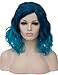 TopWigy Blue Wig, Short Colored Wigs Aqua Blue Bob Curly Wavy Wig for Women Halloween Cosplay Beach Wave Teal Wig Synthetic Heat Resistant Costume Party Hair Blue Drag Queen Wigs 16 Inches