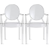2xhome Set of 2 Clear Modern Contemporary Ghost Chairs Chair with Arms Molded Acrylic Plastic Mirrored Furniture Dining Retro