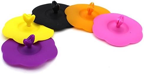 Set of 6 Reusable Silicone Plum flower Mug Lids Drink Cover with Heart Shape Spoon Holder,Color Random