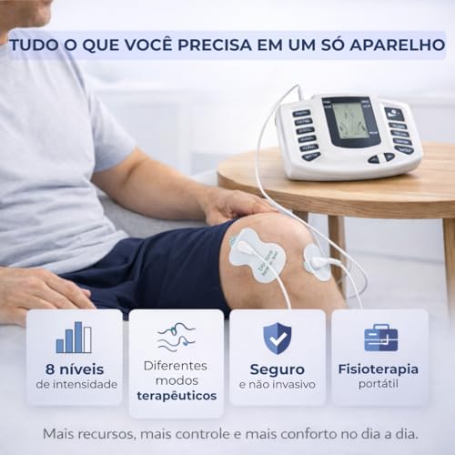 Aparelho Eletroestimulador Muscular TENS EMS Portátil com Eletrodos Premium 8 Modos e 10 Intensidades, Alívio Muscular, Alívio de Dores, Uso Doméstico, Fisioterapia Corporal em Casa