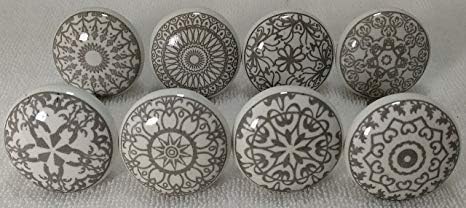 10 Grey & White Flat Hand Painted Ceramic Knob Cabinet Knobs Drawer Pulls Ceramic Door Knobs