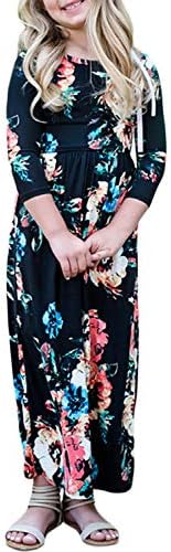 Anloli Girls Long Sleeve Striped Printed Casual Long Maxi Dress with Pocket(4-13 Years)