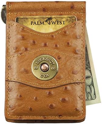 Palm West Leather Minimalist Leather Money Clip Wallet with RFID (Natural Ostrich Print Leather, Fly Fisherman Medallion)