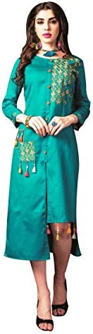 Urban India Women's Cotton Satin Straight Embroidery Kurti Medium Green