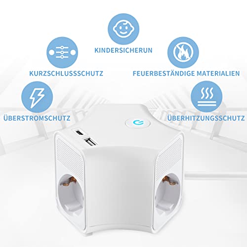 RealMade Steckdosenleiste mit USB, 3-Fach Mehrfachsteckdose mit 1 USB und 1 TYP-C Anschluss (5V/2.4A), 1,5M Kabel Steckerleiste mit Schalter, Steckdosen Kindersicherung, Wandmontage für Reisen, Weiß