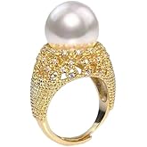 Dainty Large Pearl Promise Statement Ring for Women Gold CZ Band Adjustable Chunky White Round Faux Pearl Finger Rings Stacking Fashion Engagement Cocktail Wedding Bridal Prom Jewelry Valentines Gift