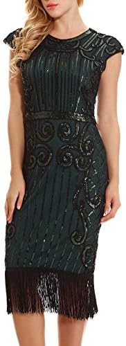 1920s Vintage Inspired Flapper Dress - Sequin Embellished Fringe Cap Sleeve Long Great Gatsby Dress