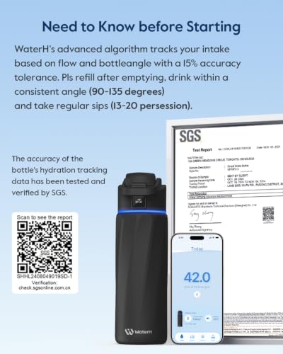 WATERH Boost Smart Water Bottle that Reminds You to Drink, BPA-Free Stainless Steel Vacuum Insulated Bottle, Wide Mouth Water Tracker Bottle with APP, Ideal for Father's Day, Black, 710 ml