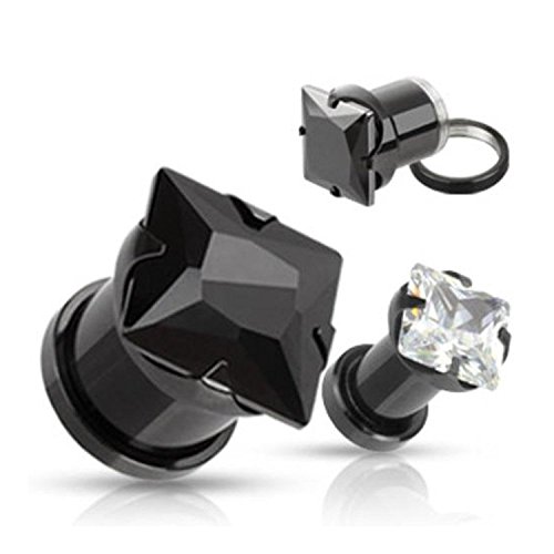 Inspiration Dezigns Square Prong Set Gem Black Titanium IP Screw Fit Tunnels - Sold as Pairs