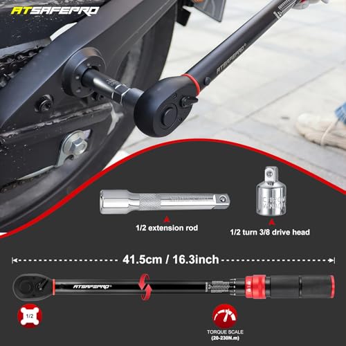 ATsafepro 1/2" Drive Torque Wrench Set,Car Wheel Torque Wrench 20-230 Nm with 3/8'' Adapter, Dual-Direction Adjustable 72 Tooth for Cars,Motorcycle,Truck,± 3% Accuracy