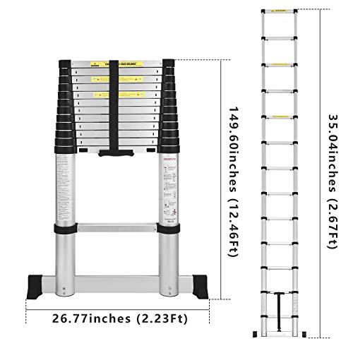 AODI Aluminum Telescoping Ladder with Stabilizer Bar, Telescopic Extension Multi Purpose Ladders Portable EN131 Certified for Industrial Household Daily (12.5 FT and 330 LB)