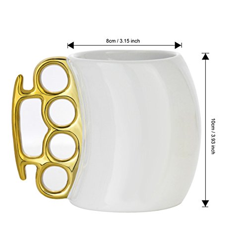 Funny Coffee Mug,Brass Knuckle Duster Creative Ceramic Cool White Mugs with Golden Handle