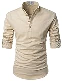 NEARKIN (NKNKN350) Beloved Men Henley Neck Long Sleeve Daily Look Linen Shirts BEIGE US S(Tag size S)