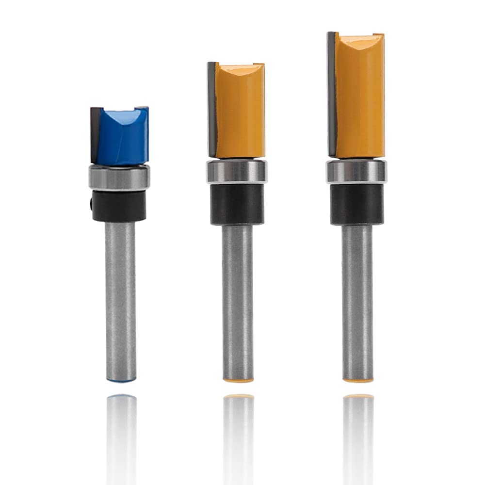 YIXISI 3 PCS 1/4 Inch Shank Flush Trim Pattern Template Router Bit Set, Woodworking Top Bearing Milling Cutter Tools, for Wood, Hardwood, Particleboard, MDF, 3 Sizes