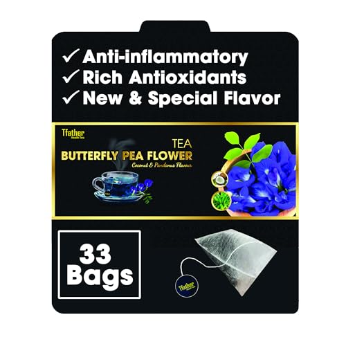TFATHER – 33 BUTTERFLY PEA FLOWER TEA BAGS WITH DIPPING STRING – BUTTERFLY PEA, COCONUT & PANDANUS ORIGINAL FLAVOR – NO CAFFEINE, NO SUGAR, NO GLUTEN, NON GMO, VEGAN & NATURAL, PURPLE BLUE