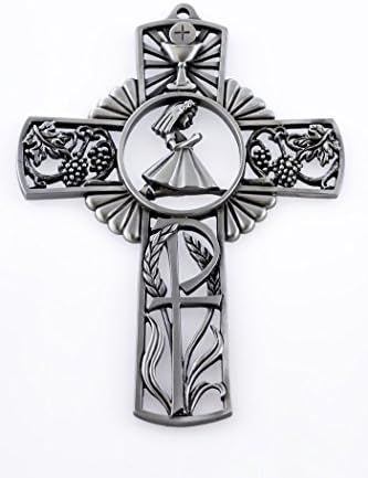 Pewter First Communion Wall Cross with Praying Girl, 5 Inch