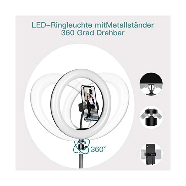 LED Ringlicht mit Stativ Handy, 10" Selfie Ringleuchte mit Fernbedienung und Doppel Handyhalter mit 3 Farbe&10 Helligkeitsstufen für YouTube TikTok Fotografie Live-Streaming [Tischstativ inklusive] – Bild 5
