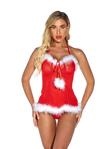 SunFocus Babydolls Lingerie for Women Red Christmas Nightwear Set Ladies Lace Underwear Dress Outfits