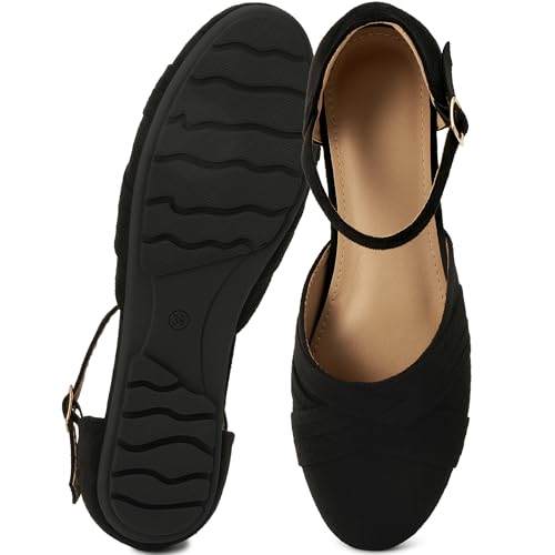 Larwen Womens Flats Dressy Comfort: Suede & Soft Lining for Office All-Day Wear - Cushioned Insole & Adjustable Strap for Effortless in Commute - Working Women Ages 22-45 Black at Amazon